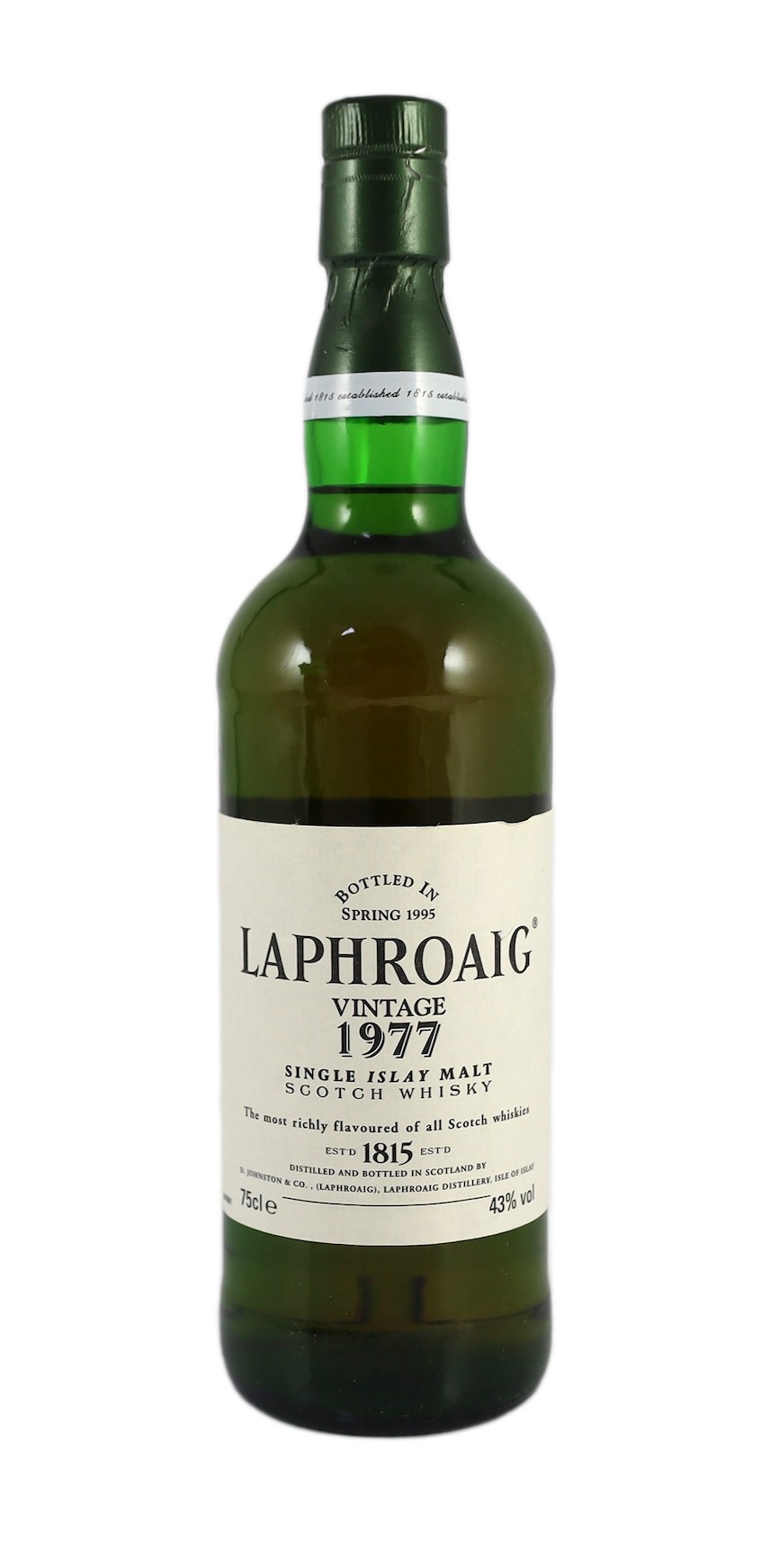 A boxed bottle of Laphroaig Vintage 1977 Islay Single Malt Scotch Whisky, 75cl. Single Malt., 43% volume